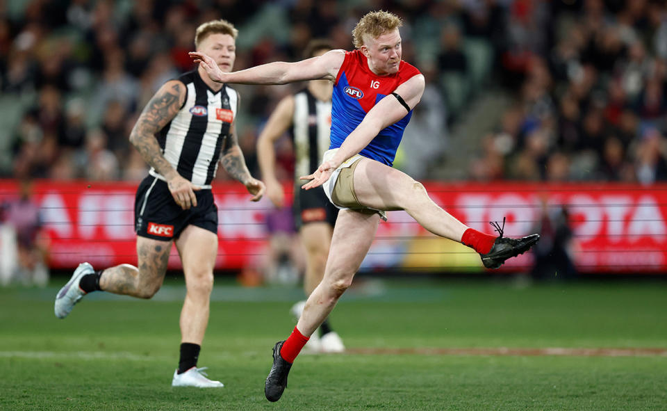 Clayton Oliver, pictured here in action for Melbourne against Collingwood. 