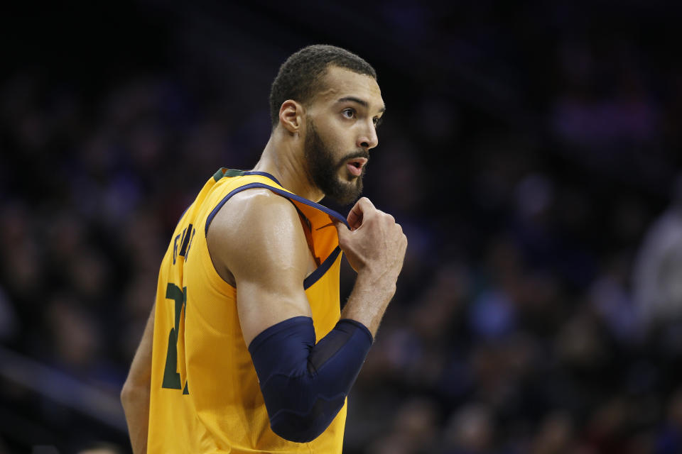 Utah Jazz's Rudy Gobert plays during an NBA basketball game against the Philadelphia 76ers, Monday, Dec. 2, 2019, in Philadelphia. (AP Photo/Matt Slocum)