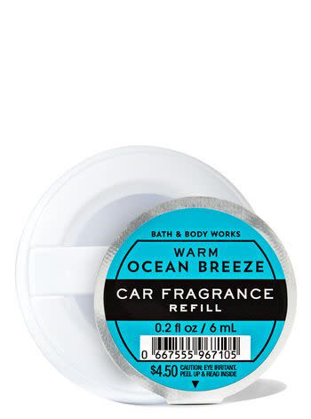 <p><strong>Bath & Body Works</strong></p><p>bathandbodyworks.com</p><p><strong>$4.50</strong></p><p><a href="https://www.bathandbodyworks.com/p/warm-ocean-breeze-car-fragrance-refill-026408239.html" rel="nofollow noopener" target="_blank" data-ylk="slk:Shop Now" class="link ">Shop Now</a></p><p>If you're looking for a lot of options and a wide selection of both familiar and seasonal scents, look no further than Bath & Body Works. The shopping mall staple offers a variety of different vent clip styles so you can customize your dashboard, and the multitude of scents will appeal to those who like to switch it up.</p><p>One consumer tester noted they are strongly scented, and as such may not be for those who are easily overwhelmed. They also emphasized just how large the scent selection is and how they enjoyed being able to <strong>pick their favorite familiar Bath & Body Works scents for use in their vehicle</strong>. With over 25 scents currently available online, even the pickiest connoisseur of scent is sure to find something agreeable.</p>