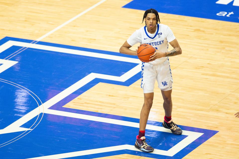 Kentucky Wildcats guard Brandon Boston Jr. (3) looks for a pass during the second half of the game against the Auburn Tigers on Feb. 13, 2021.