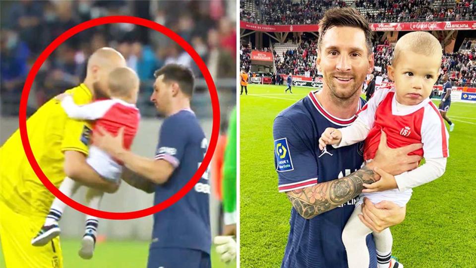 Reims goalkeeper Predrag Rajkovic handing over his son to Lionel Messi (pictured left) and a photo of Messi and his son (pictured right) after the game.