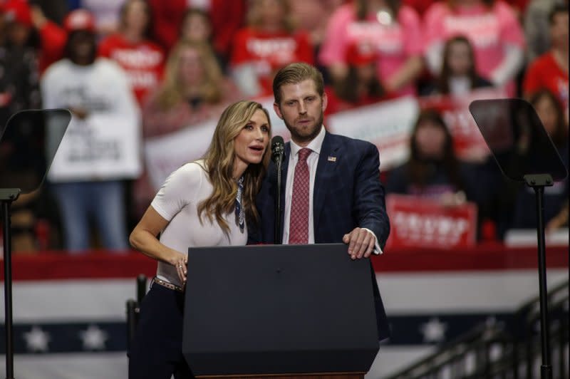 Former President Donald Trump on Monday endorsed his daughter-in-law, Lara Trump, to be co-chairwoman of the Republican National Committee. She is married to the former president's son, Eric Trump. File Photo by Nell Redmond/UPI.