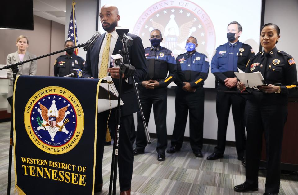 U.S. Marshal Tyreece Miller speaks about the arrest of Justin Johnson in connection with the murder of Young Dolph during a press conference at the Odell Horton Federal Building downtown on Wednesday, January 12, 2022.