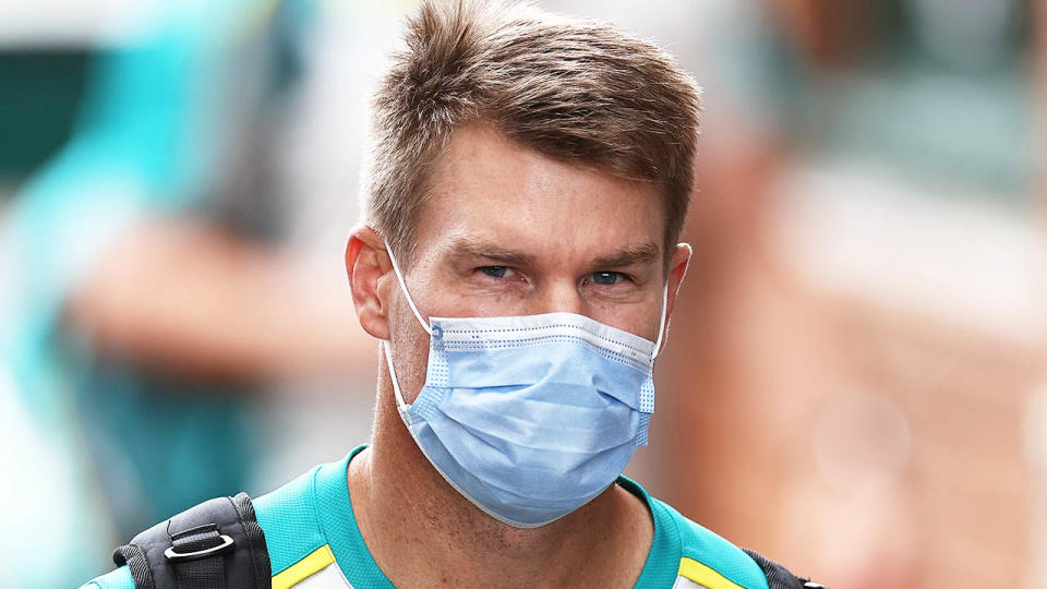 David Warner (pictured) wearing a mask to Australia training.