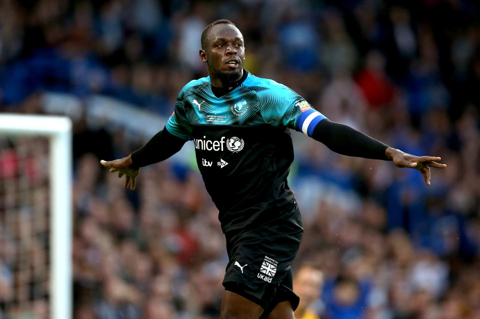 Usain Bolt has become a popular Soccer Aid competitor, scoring a goal for the World XI at Stamford Bridge in 2019. (PA/Getty)