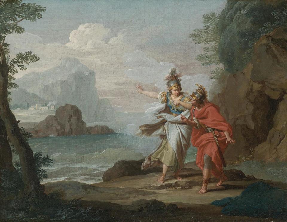 ‘Atenea se aparece a Odiseo para revelarle la isla de Ítaca’, de Giuseppe Bottani. <a href="https://commons.wikimedia.org/wiki/File:Athena_appearing_to_Odysseus_to_reveal_the_Island_of_Ithaca_by_Giuseppe_Bottani.jpg" rel="nofollow noopener" target="_blank" data-ylk="slk:Sotheby's Lot/Wikimedia Commons;elm:context_link;itc:0;sec:content-canvas" class="link ">Sotheby's Lot/Wikimedia Commons</a>