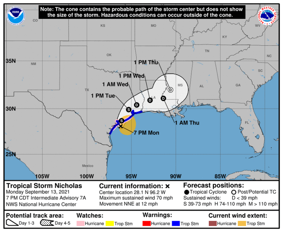 Tropical Storm Nicholas is closing in on the Texas coast, with an expected landfall sometime Monday evening.