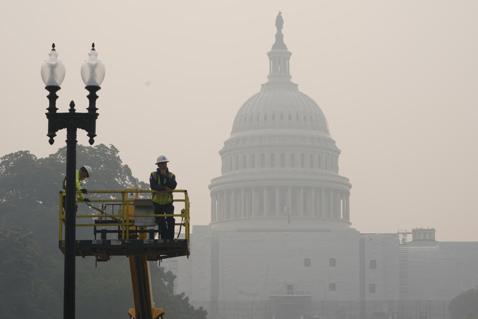 Smoke from Canadian wildfires obscures the view of the U.S. Capitol Building on Capitol Hill in Washington, Thursday, June 8, 2023. (AP Photo/Susan Walsh)