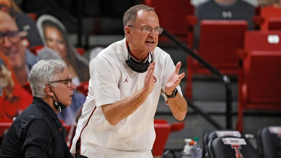 Mandatory Credit: Photo by Brad Tollefson/AP/Shutterstock (11741777d)Oklahoma coach Lon Kruger yells to his players during the first half of an NCAA college basketball game against Texas Tech, in Lubbock, TexasOklahoma Texas Tech Basketball, Lubbock, United States - 01 Feb 2021.