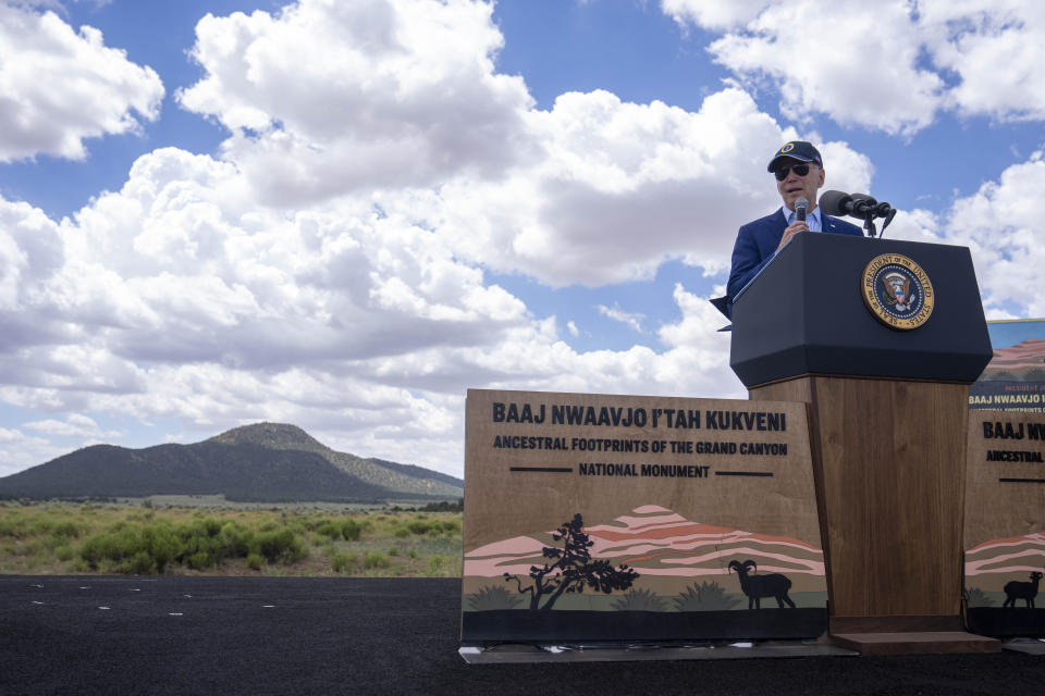 President Joe Biden speaks before signing a proclamation designating the Baaj Nwaavjo I'Tah Kukveni National Monument at the Red Butte Airfield Tuesday, Aug. 8, 2023, in Tusayan, Ariz. (AP Photo/Alex Brandon)