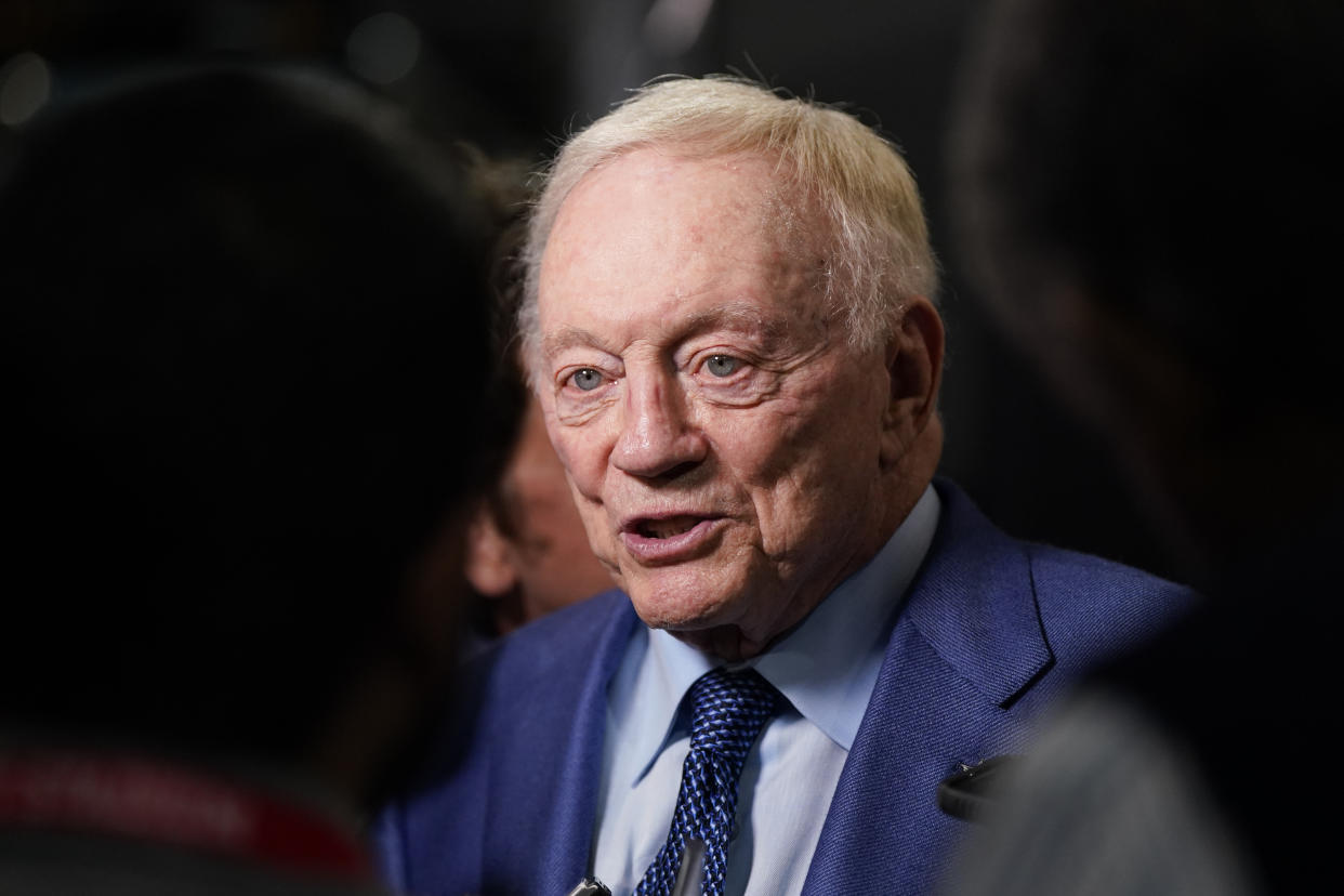 Dallas Cowboys owner Jerry Jones speaks to reporters following an NFL football game against the Detroit Lions, Saturday, Dec. 30, 2023, in Arlington, Texas. The Cowboys won 20-19. (AP Photo/Sam Hodde)