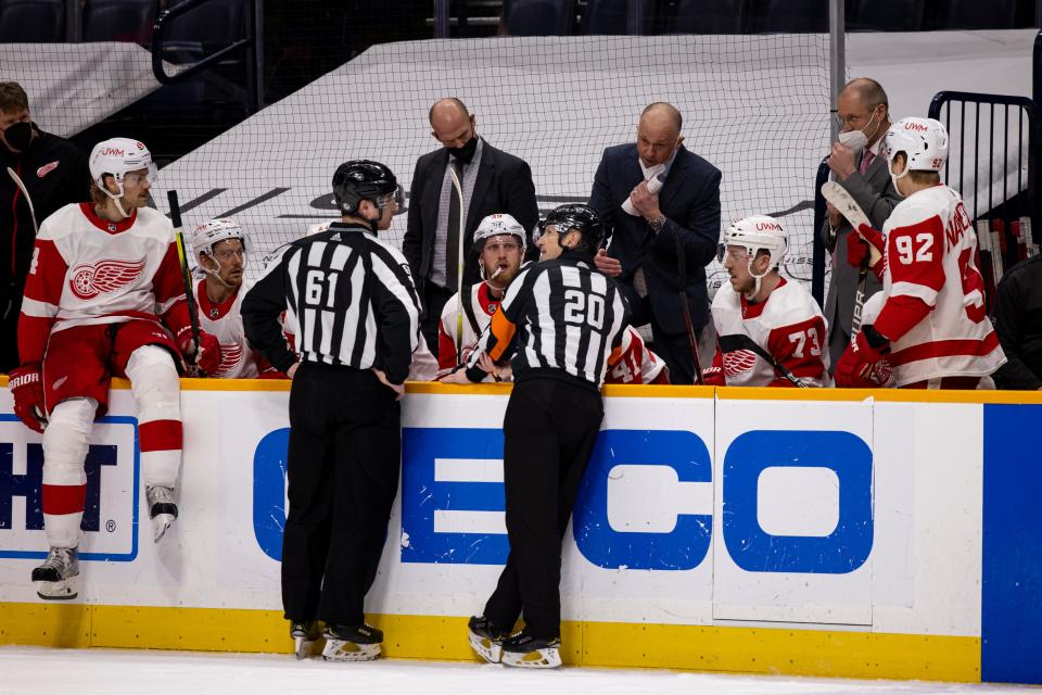 TIm Peel (20) will no longer be officiating NHL games after being caught making an unprofessional comment during Tuesday's game between the Red Wings and Predators.