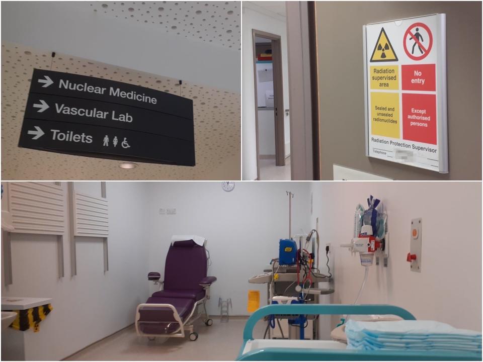 Side by side pictures show the setting where Marianne Guenot received the radioactive iodine treatment. One picture shows signs that direct towrads the nuclear medicine department. A second shows a sign on the door of the room that says that entry is restricted becuase of radiation. A third shows a hospital room where I get the treatment.