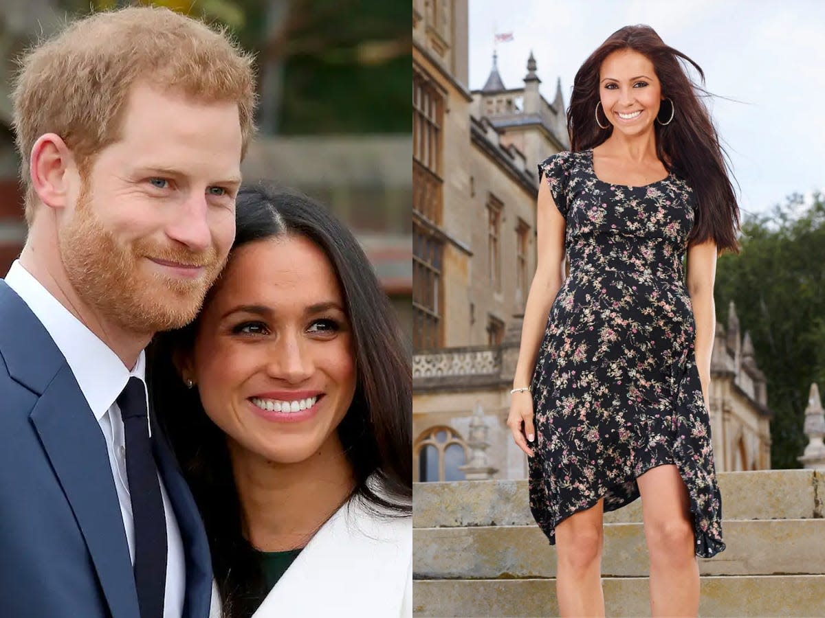 phot of meghan and harry next to photo of kimberly birch