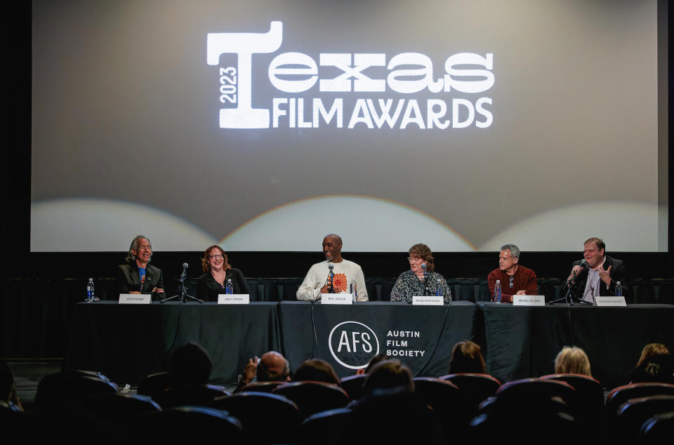 John Pierson, Janet Pierson, Mike Jackson, Margo Martindale, Mike De Luca, and Christian Blauvelt at the press conference on March 3. - Credit: Heather Leah Kennedy