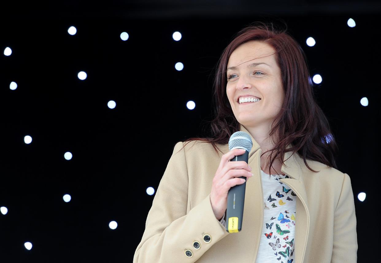 Keavy Lynch from B*witched on stage at the Everton Roadshow at Goodison Park.