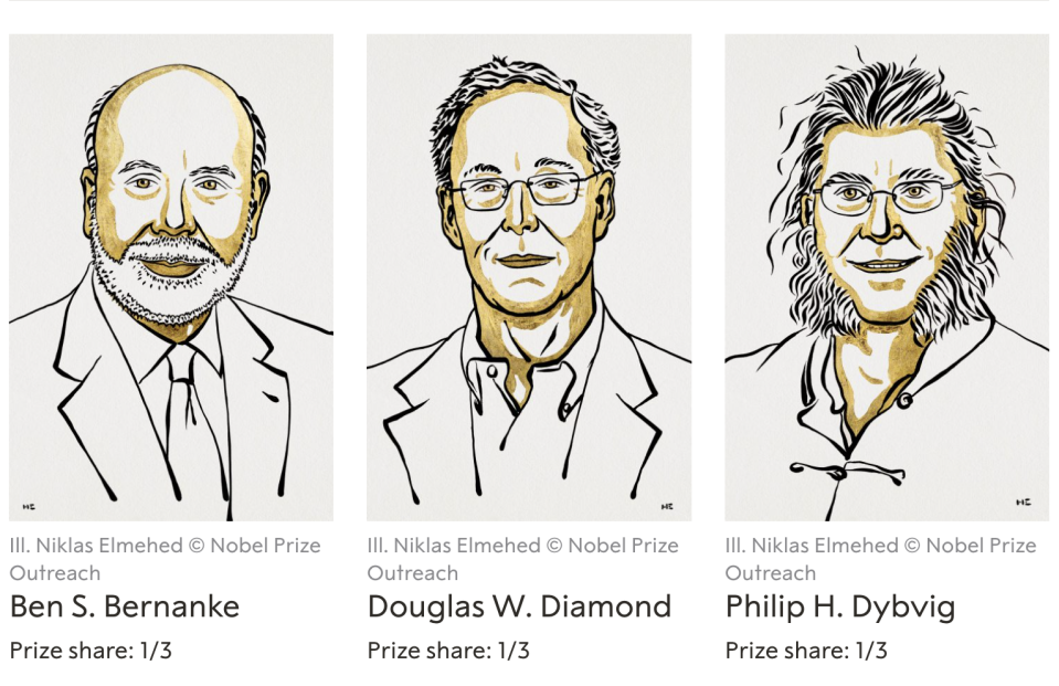 Ben Bernanke, Douglas Diamond and Philip Dybvig won for their research on banks and financial crises. Photo: Nobel prize