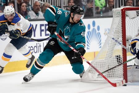 May 11, 2019; San Jose, CA, USA; San Jose Sharks center Tomas Hertl (48) prepares to shoot the puck against the St. Louis Blues during the third period in game one of the Western Conference Final of the 2019 Stanley Cup Playoffs at SAP Center at San Jose. Mandatory Credit: Stan Szeto-USA TODAY Sports