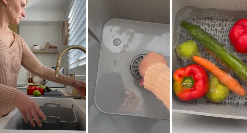 Dina using a bucket (left) and two stills from a video of her using a bucket (centre and right).