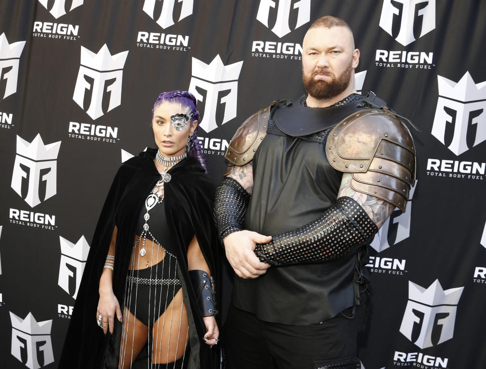 Former WWE star Natalie Eva Marie and "Game of Thrones" actor Hafþór Júlíus Björnsson celebrate the launch of Reign Total Body Fuel on April 16, 2019 in New York City. (Photo by Brian Ach/Getty Images)