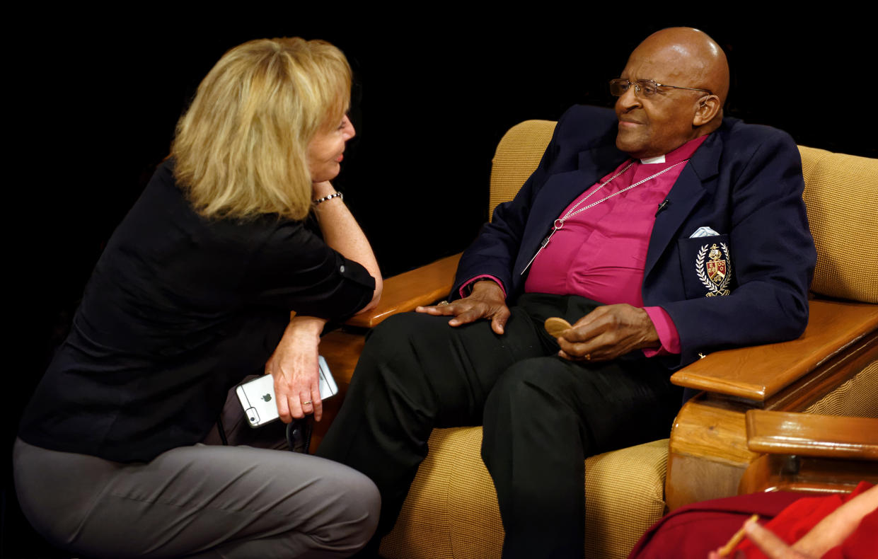 Callahan during filming with Archbishop Desmond Tutu, who died in December 2021. (Courtesy Miranda Penn Turin)