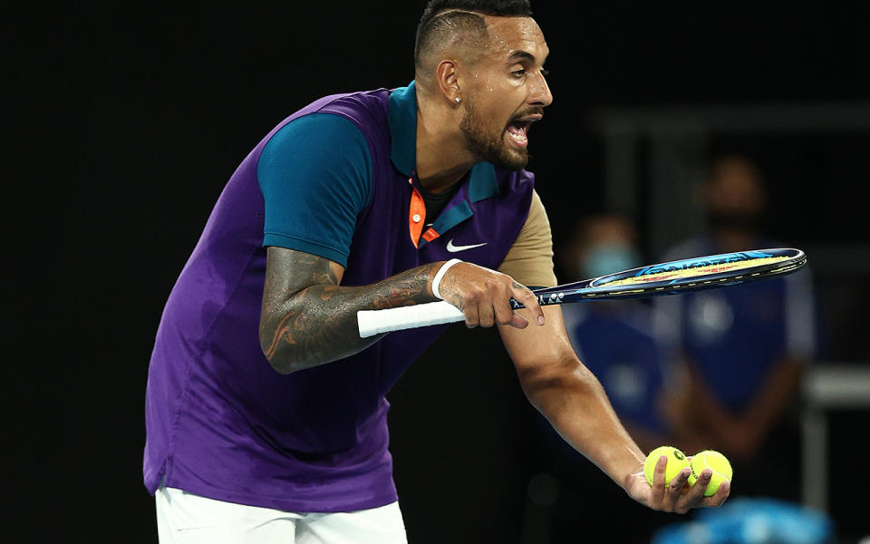 Nick Kyrgios, pictured here having words with chair umpire Marijana Veljovic about a let call.