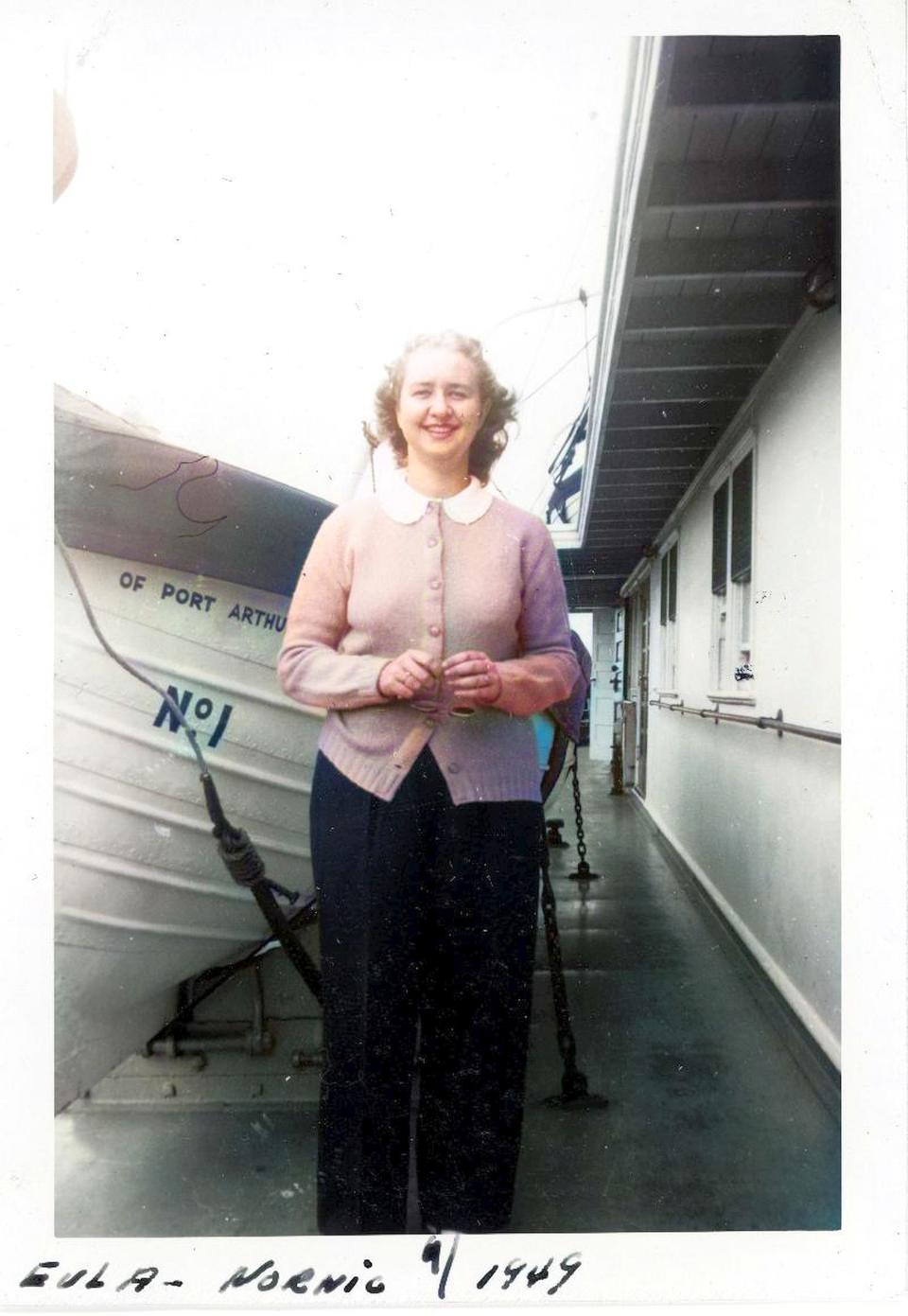 Eula Korn stands on the deck of the S.S. Noronic on Sept. 16, 1949. That night, while the ship was docked in Toronto Harbour, Canada, a fire destroyed the ship. The photo is believed to have been taken by her friend Catherine Peters Couch. Korn and Couch both survived the fire, which killed an estimated 118 to 139 people. The photo was found in a photo album by Couch's son, Jim, a photographer who added the color to the image.