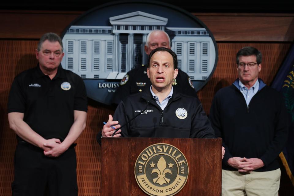 Louisville Mayor Craig Greenberg was joined by other city officials as he gave an update to the damage following storms that hit Louisville yesterday at Metro Hall in Louisville Ky. on April 3, 2024.