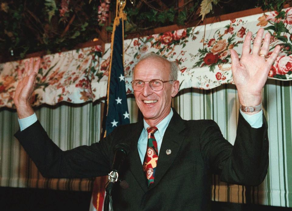 U.S. Rep. John W. Olver, D-Mass., waves to supporters at a postelection rally in Holyoke, Nov. 7, 2000. The eight-year incumbent was running against Republican challenger Peter Abair for Massachusetts' 1st Congressional District.