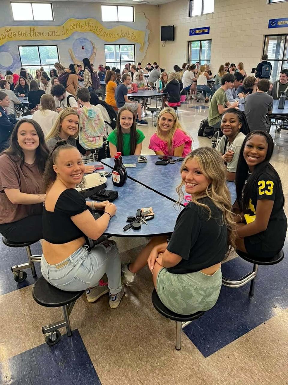 Cheerleaders and friends wait patiently for their pancake breakfast on Senior Day at Karns High School on May 11, 2023.