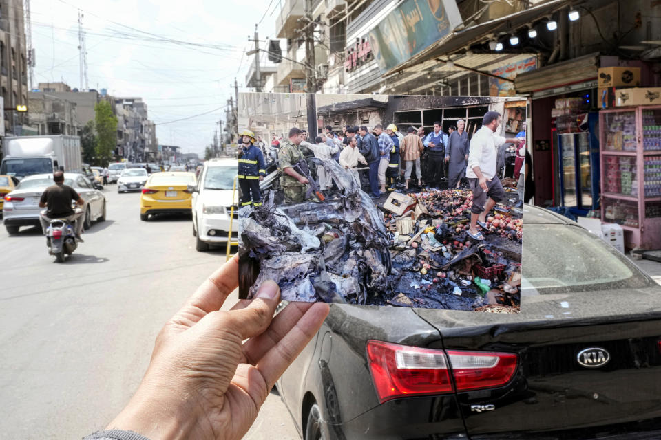 A photograph of people gathering after a car bomb exploded outside a market in a predominantly Shiite neighborhood of Baghdad, Saturday, Nov. 12, 2008, is inserted into the scene at the same location on Tuesday, March 21, 2023, 20 years after the U.S. led invasion on Iraq and subsequent war. (AP Photo/Hadi Mizban)