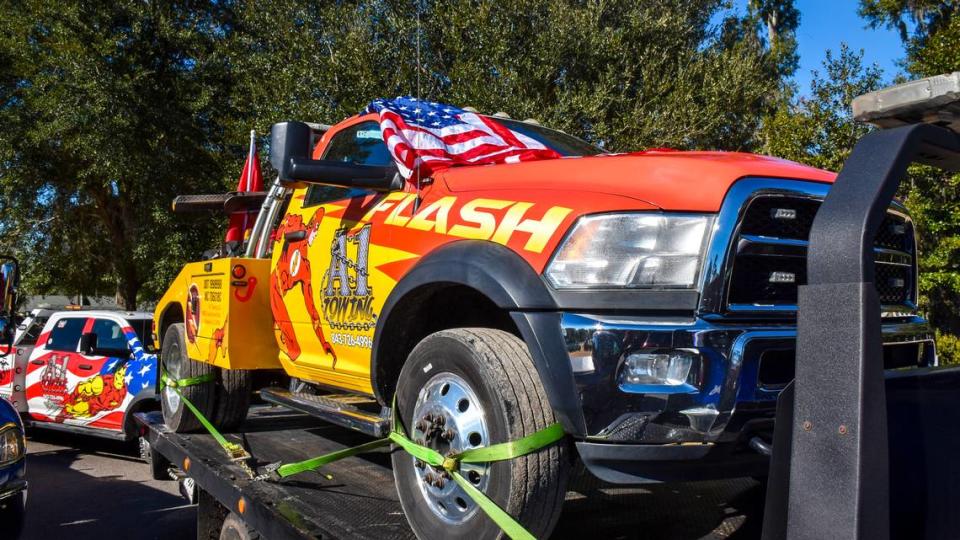 The tow truck that was driven by former A1 Towing employee and 12-year Marine Veteran Eric Albertson on Wednesday, Jan. 10, 2024, at Beaufort National Cemetery.