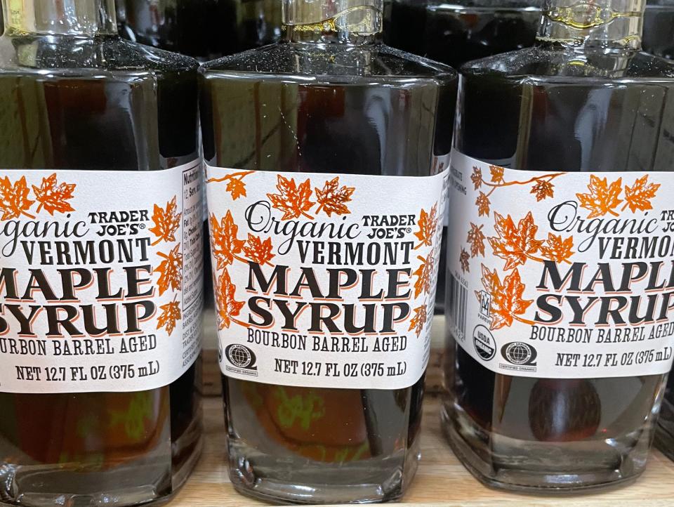 bottles of vermont maple syrup from trader joes