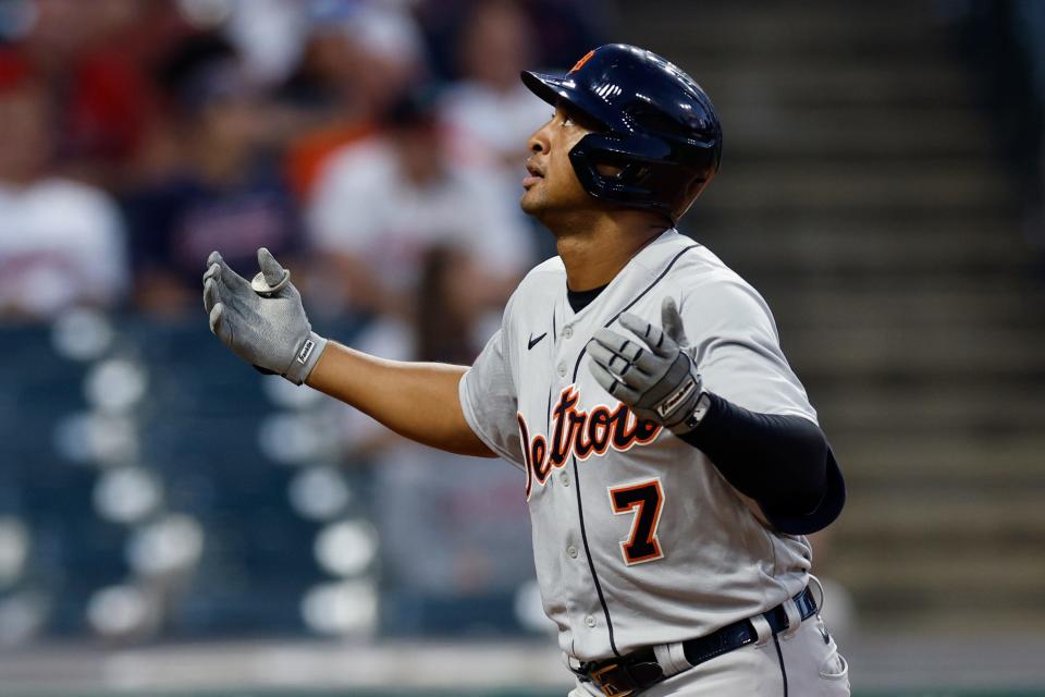 Tigers second baseman Jonathan Schoop celebrates after hitting a solo home run off Guardians pitcher Eli Morgan during the sixth inning of the second game of a doubleheader against the Guardians on Monday, Aug. 15, 2022, in Cleveland.