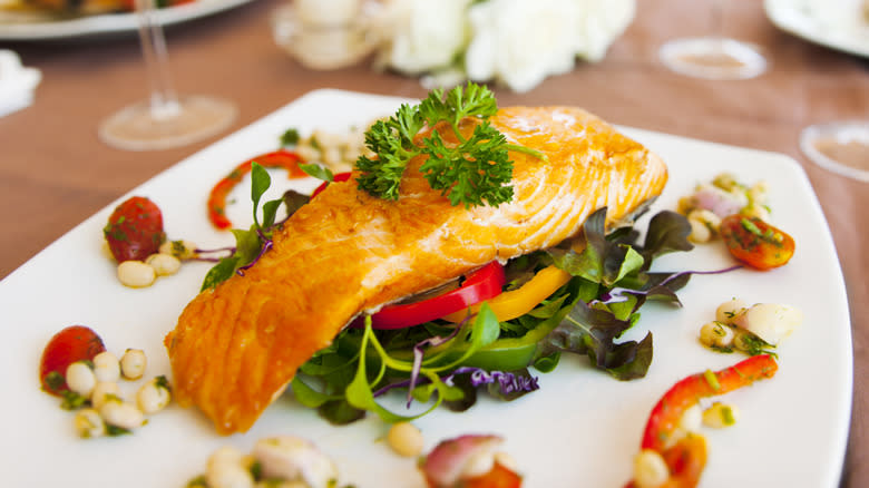 salmon dish served in restaurant