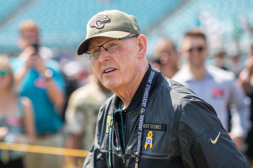 JACKSONVILLE, FLORIDA - SEPTEMBER 08: Tom Coughlin of the Jacksonville Jaguars looks on before the start of a game against the Kansas City Chiefs at TIAA Bank Field on September 08, 2019 in Jacksonville, Florida. (Photo by James Gilbert/Getty Images)