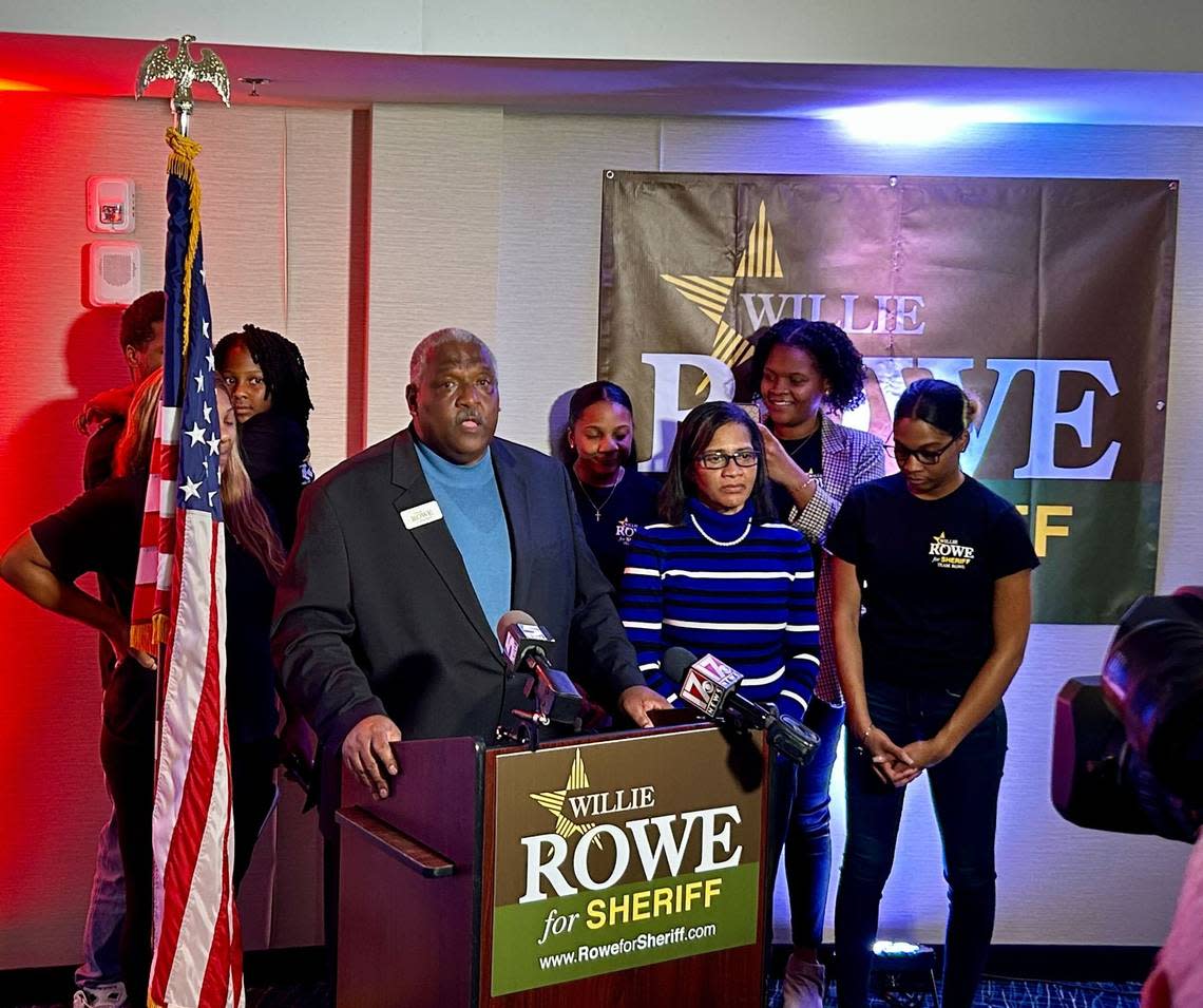 Willie Rowe, who was elected Wake County Sheriff, speaks to supporters at the Holiday Inn hotel in downtown Raleigh on Nov. 9, 2022. He defeated former sheriff Donnie Harrison.