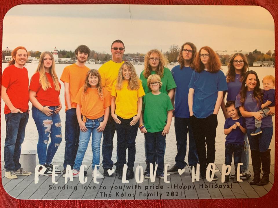 The Kolas family Christmas card, from left to right: Kyle, Emma, Ryan, Ella, Bob, Becky, Jamie, William. Andrew, Dylan, Giuliana (cousin), Carter, Alycia and Greyson