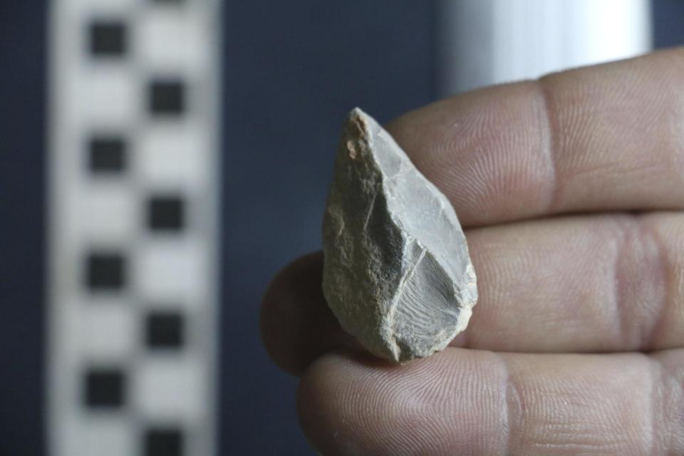 This undated photo provided by Ciprian Ardelean in July 2020 shows a stone tool found below the Last Glacial Maximum layer from a cave in Zacatecas, central Mexico. Artifacts from the cave suggest people were living in North America much earlier than most scientists think. Researchers reported Wednesday, July 22, 2020, that the tools date to as early as 26,500 years ago, about 10,000 years before the generally accepted date for the earliest human presence in North America. (Ciprian Ardelean via AP)