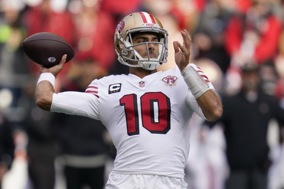 San Francisco 49ers quarterback Jimmy Garoppolo passes against the Seattle Seahawks on Sunday.