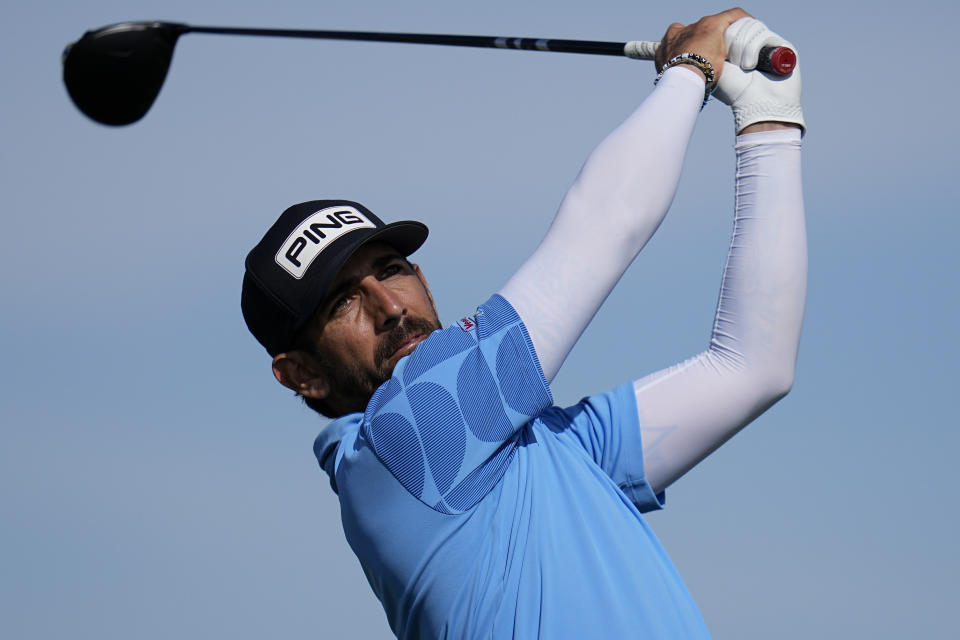 Matthieu Pavon watches his tee shot on the second hole of the Sorth Course at Torrey Pines during the final round of the Farmers Insurance Open golf tournament, Saturday, Jan. 27, 2024, in San Diego. (AP Photo/Gregory Bull)