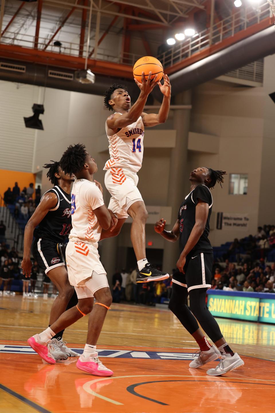Johnson High's Favion Kirkwood slices to the basket on Saturday, March 2, 2024 during the State Class 3-A semifinals at Savannah State University.