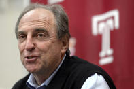 FILE - Then-Temple head coach Fran Dunphy speaks during a press conference in Philadelphia, Sunday, March 13, 2016. Dunphy, Jim Larranaga, Lon Kruger and Dianne Nolan are this year’s recipients of the Joe Lapchick Character Award. (Tom Gralish/The Philadelphia Inquirer via AP, File)
