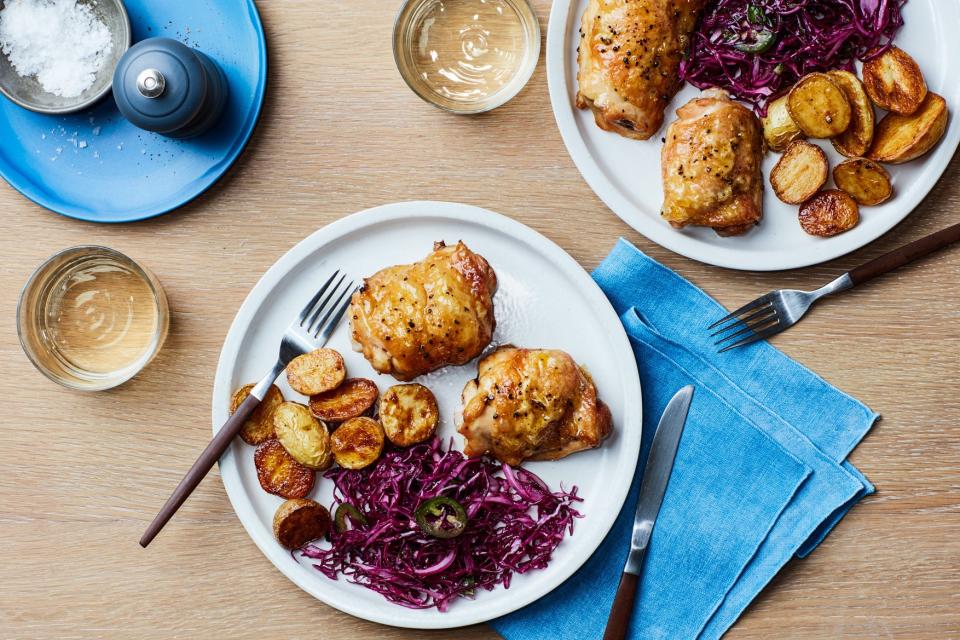 Crispy Chicken and Potatoes with Cabbage Slaw