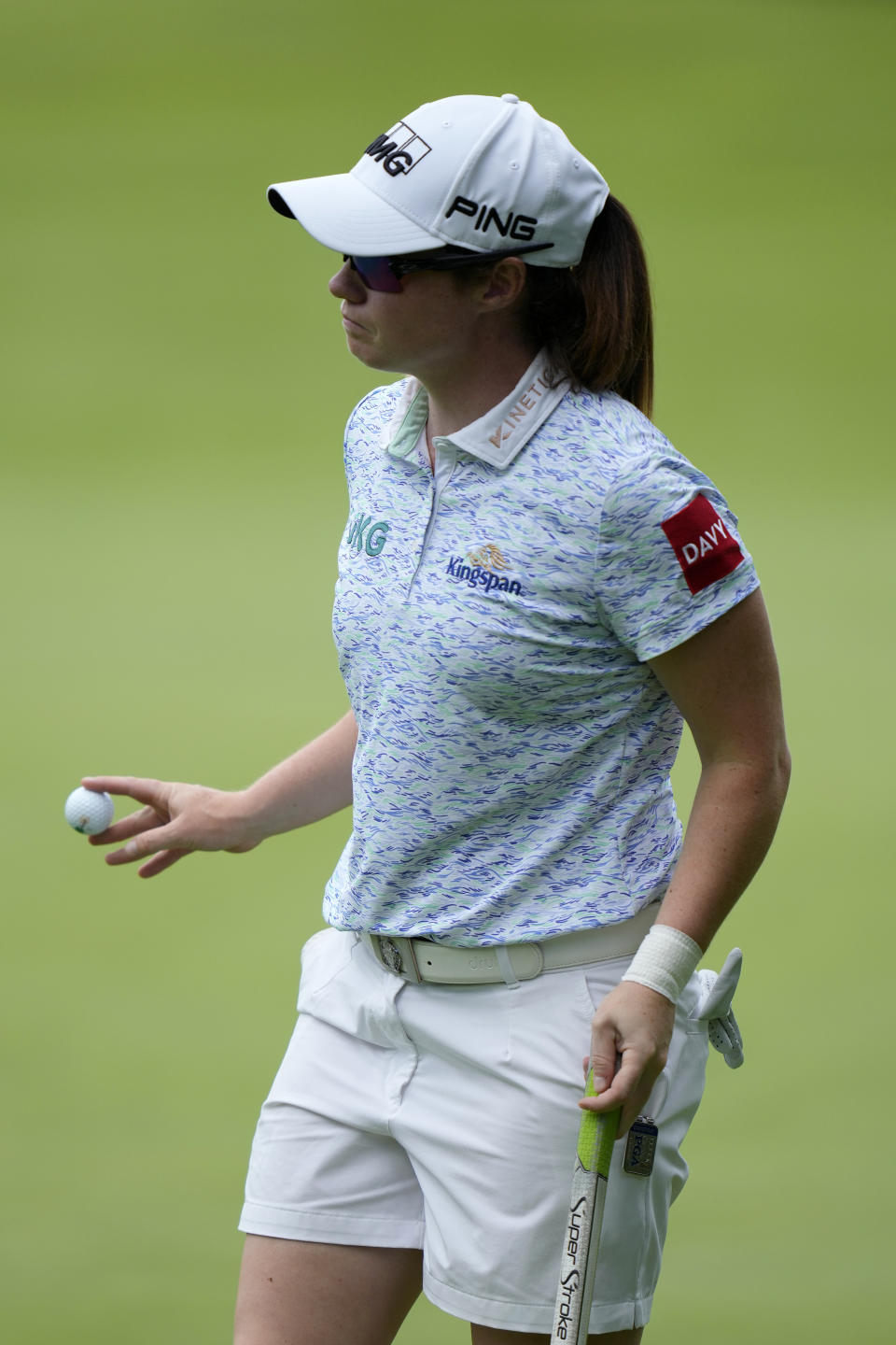 Leona Maguire, of Ireland, reacts after making her putt on the eighth hole during the third round of the Women's PGA Championship golf tournament, Saturday, June 24, 2023, in Springfield, N.J. (AP Photo/Seth Wenig)