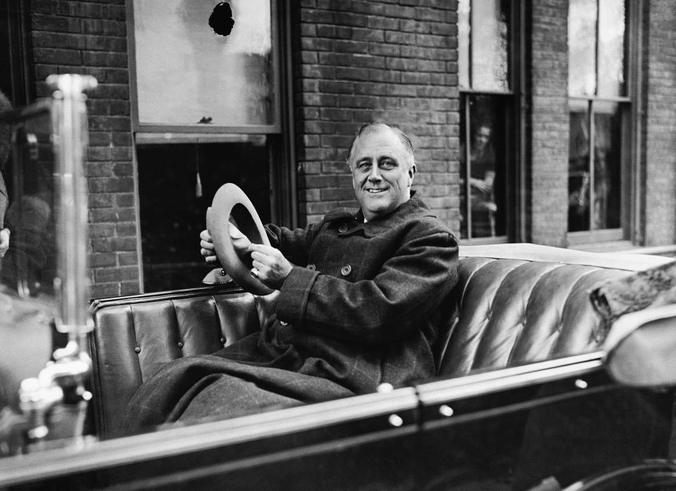 New York Gov. Franklin D. Roosevelt starting on a campaign speaking tour in Albany, New York, on Oct. 29, 1932.