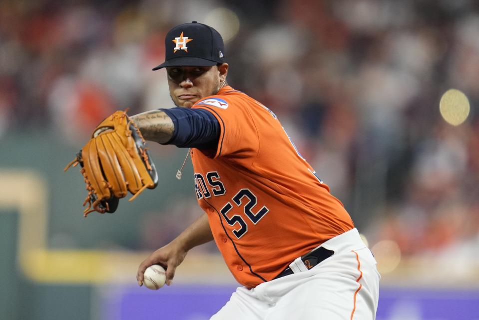 Houston Astros relief pitcher Bryan Abreu throws during the eighth inning of Game 6 of the baseball AL Championship Series against the Texas Rangers Sunday, Oct. 22, 2023, in Houston. (AP Photo/Godofredo A. Vásquez)