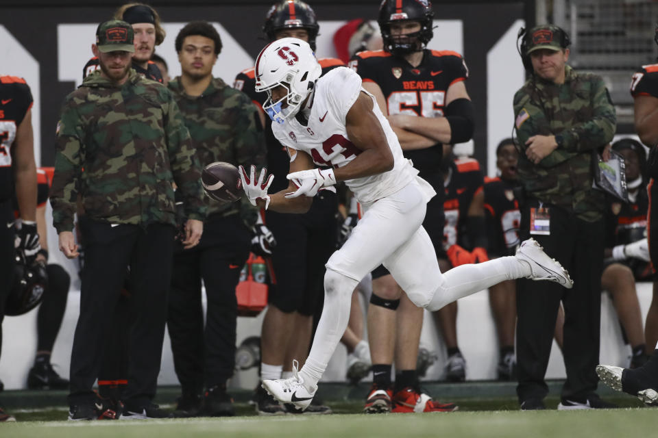 Stanford wide receiver Elic Ayomanor (13) misses a pass during the second half of an NCAA college football game against Oregon State, Saturday, Nov. 11, 2023, in Corvallis, Ore. Oregon State won 62-17. (AP Photo/Amanda Loman)