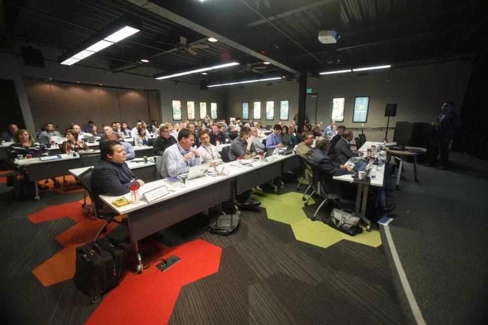 Employees at PowerSchool attend a meeting at the company’s headquarters in Folsom in 2016. PowerSchool is being acquired by private equity firm Bain Capital for $5.6 billion, the companies announced Friday, June 7, 2024.