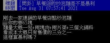 原PO認為65元的炒泡麵太貴。（圖／翻攝自PTT）